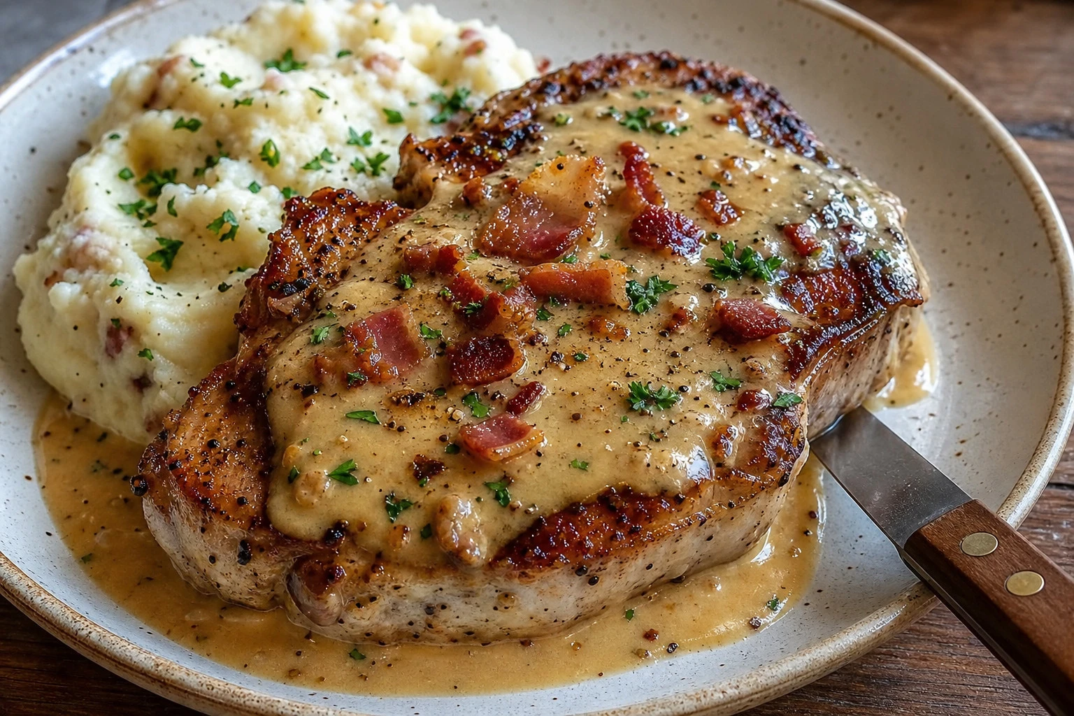 Golden-brown pork chops garnished with fresh parsley and bacon bits.