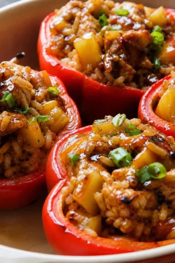 Baked teriyaki pineapple chicken stuffed peppers on a plate