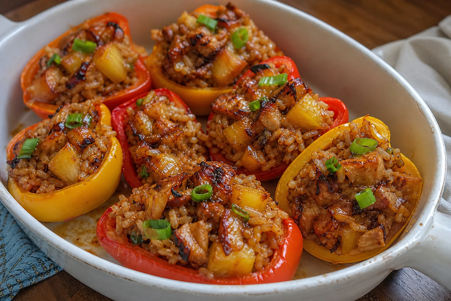 Colorful bell peppers filled with chicken, rice, and pineapple mixture